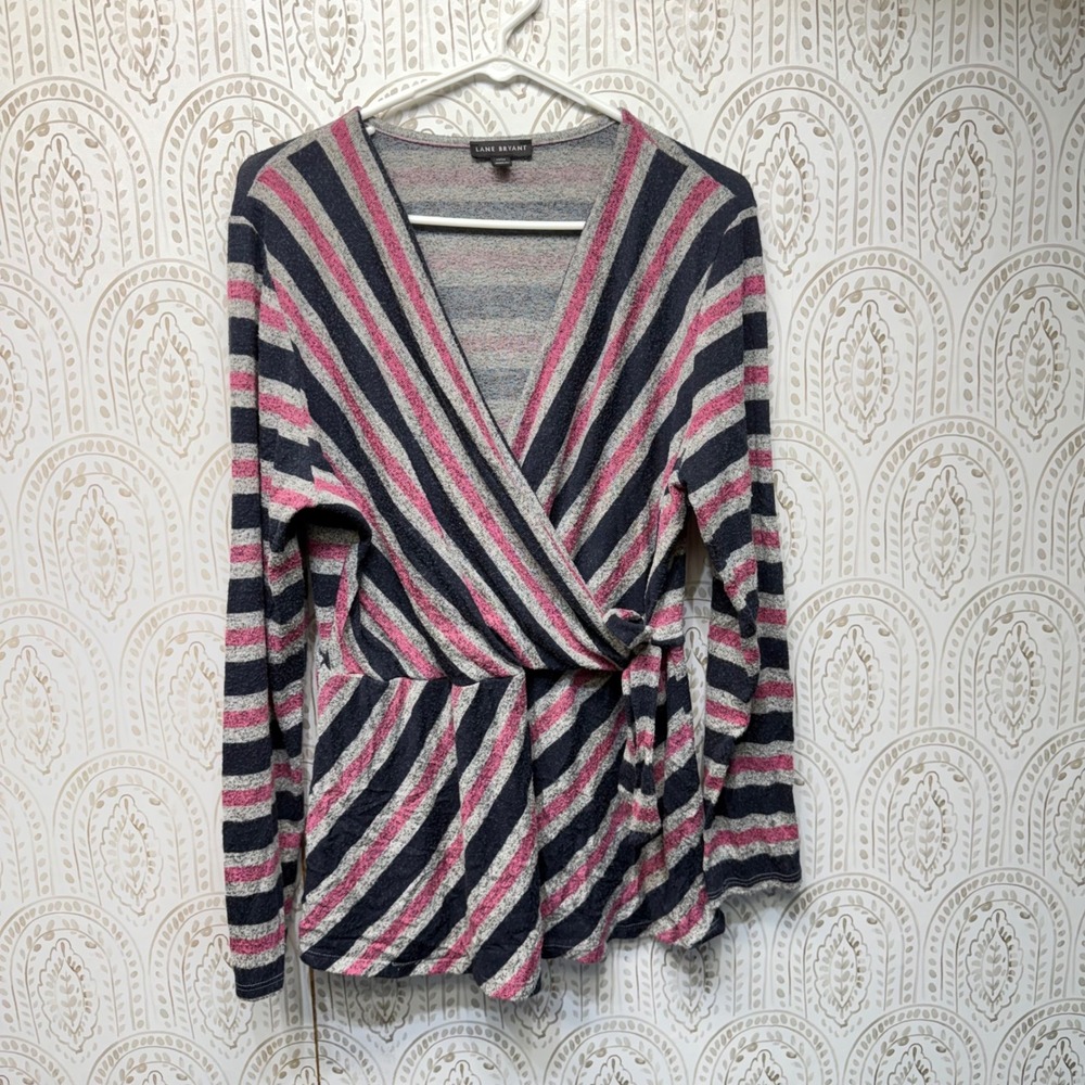 Lane Bryant Wrap Top Womens 1X Multi Color Striped‎ Surplice Tie Waist Knit